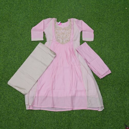 Pink and Grey Color Mul Chanderi Embroidered 3-Piece Designer Dress