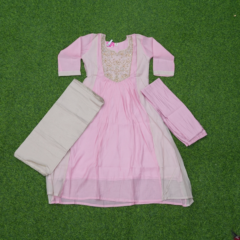 Pink and Grey Color Mul Chanderi Embroidered 3-Piece Designer Dress