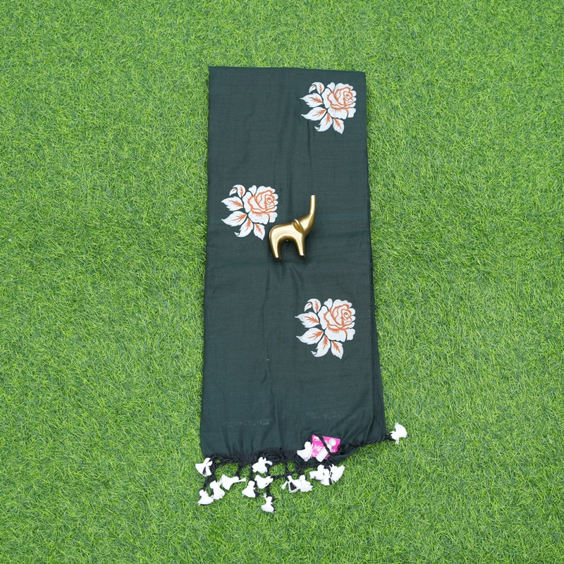 Bottle Green Color Floral Thread Embroidered Cotton Saree