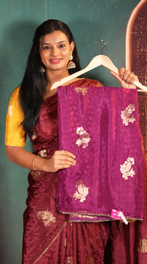 Wine Color With Gold Zari Floral Butta Banarasi Fancy Saree