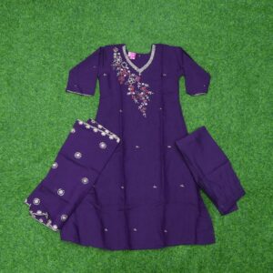 Purple Color Floral Embroidered 3-Piece Designer Dress
