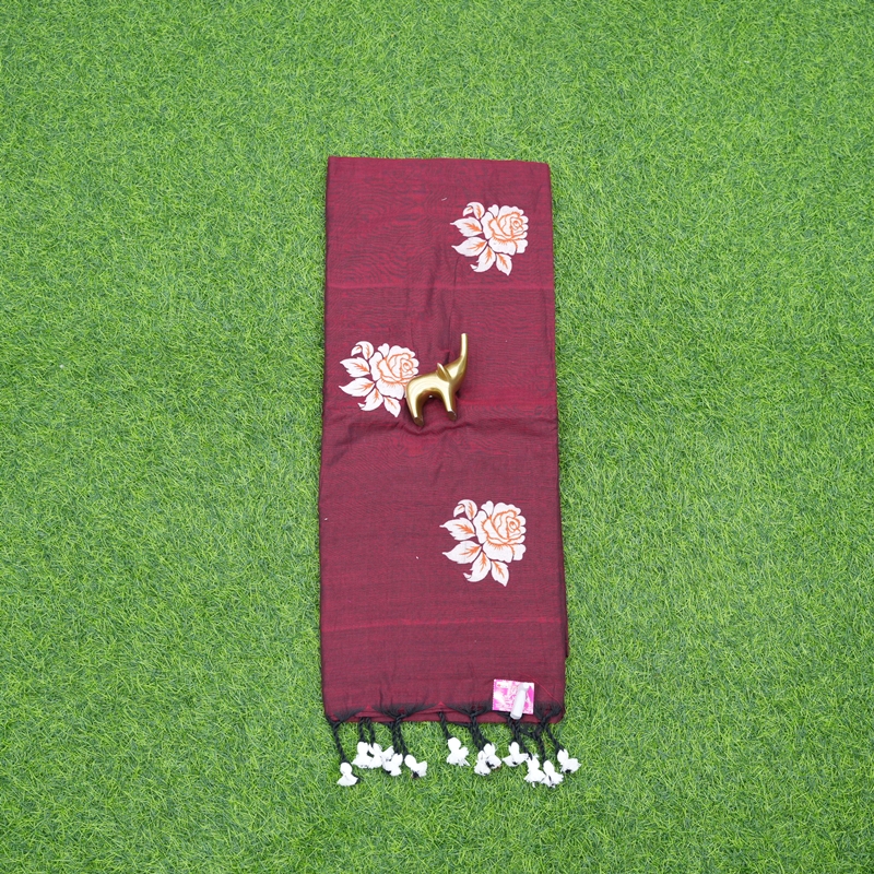 Maroon Color Floral Thread Embroidered Cotton Saree
