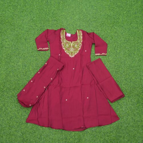 Maroon Color Floral Embroidered 3-Piece Designer Dress