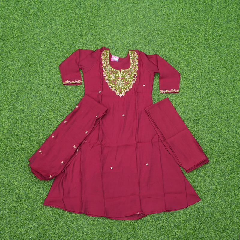Maroon Color Floral Embroidered 3-Piece Designer Dress