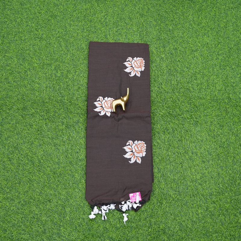 Brown Color Floral Thread Embroidered Cotton Saree