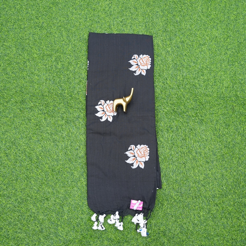 Black Color Floral Thread Embroidered Cotton Saree