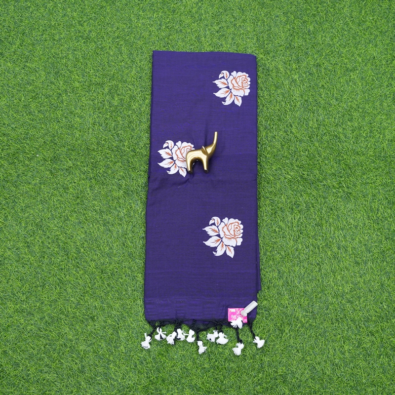 Violet Color Floral Thread Embroidered Cotton Saree