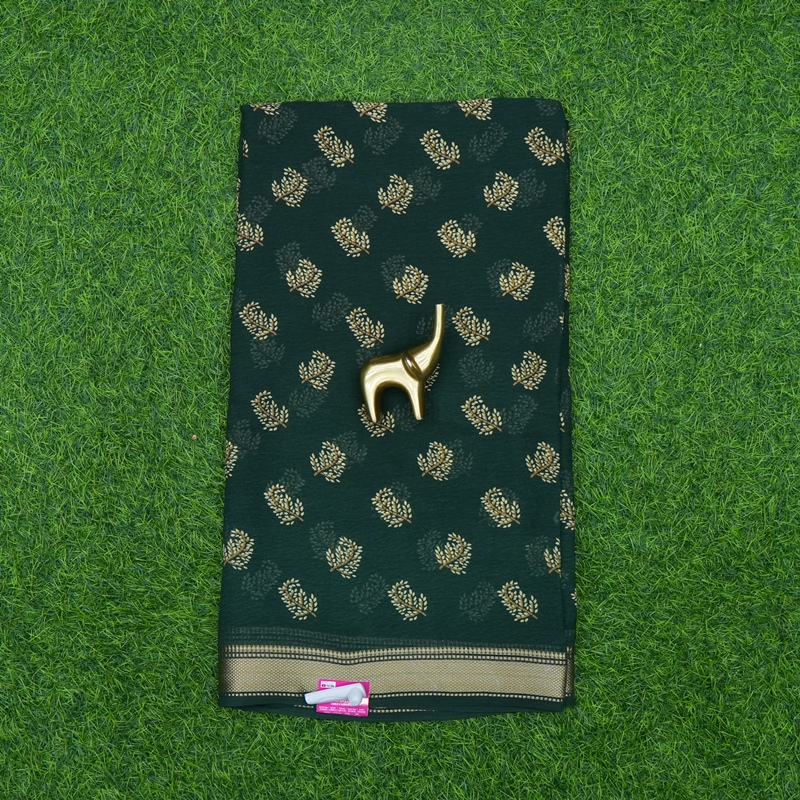 Bottle Green Color Georgette Foil Print Saree with Zari Border