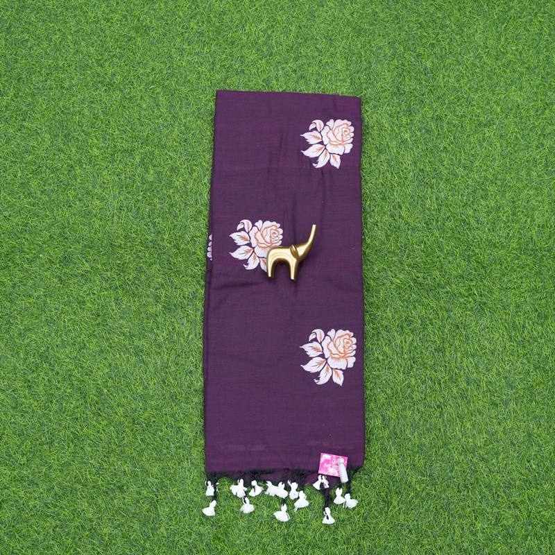 Deep Purple Color Floral Thread Embroidered Cotton Saree