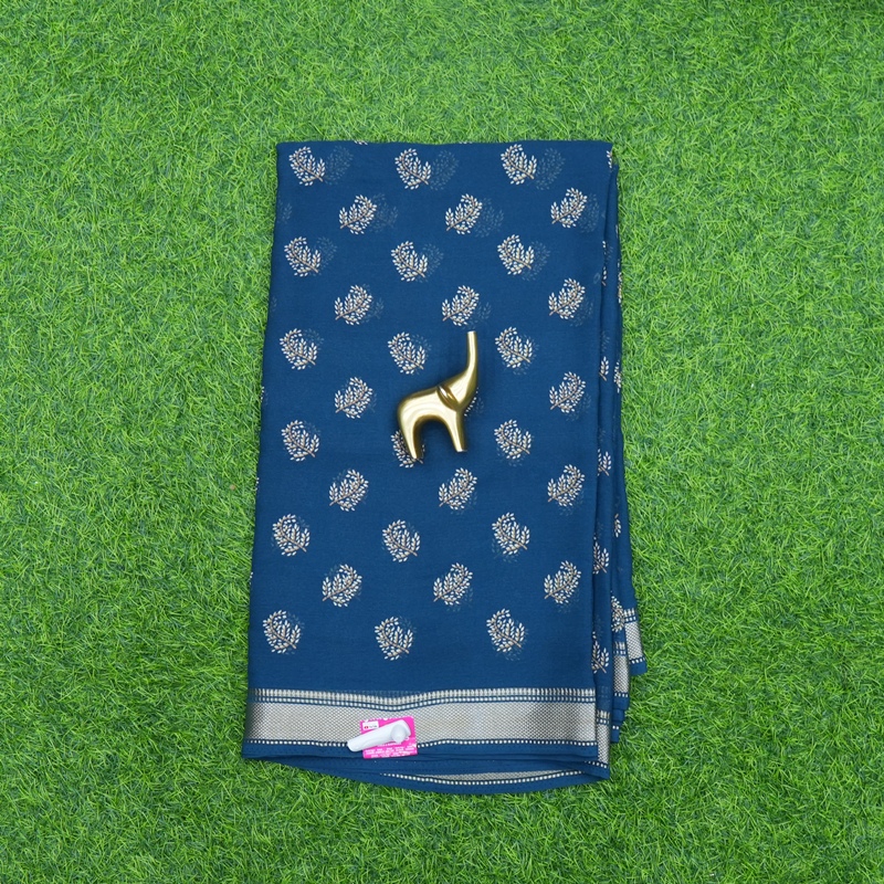 Peacock Blue Color Georgette Foil Print Saree with Zari Border