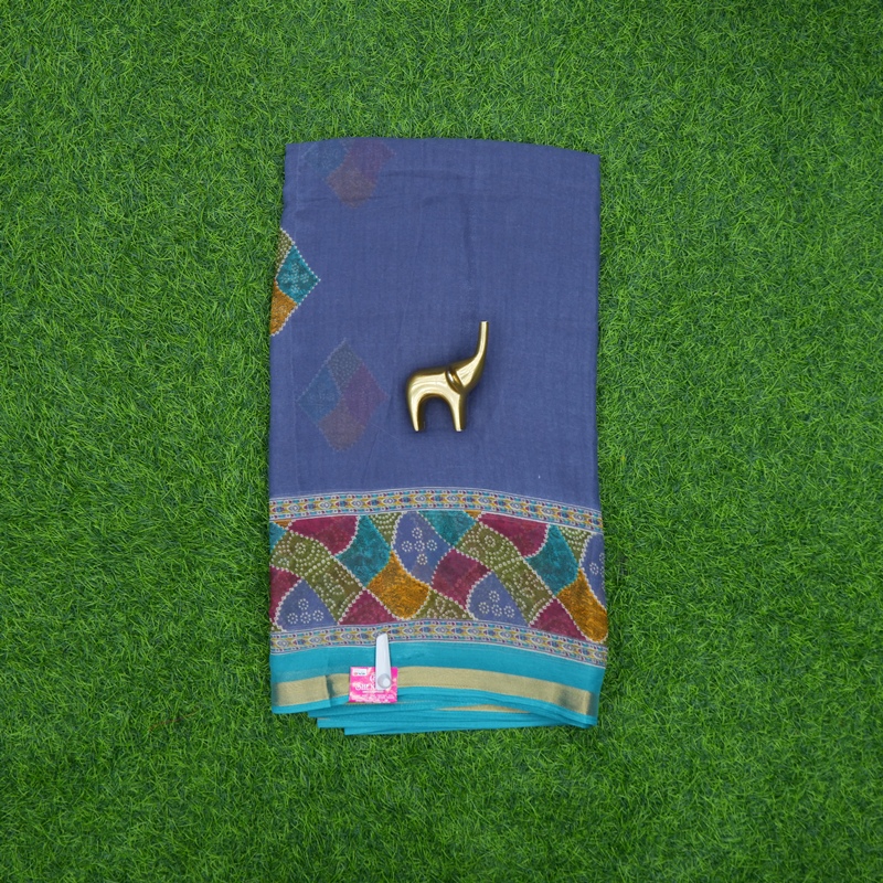 Indigo Blue Color Geometric Bandhani Print Border Daily Wear Saree