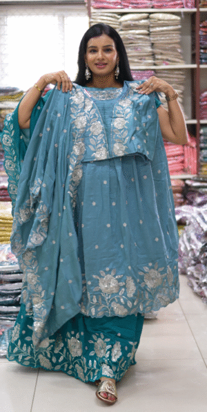 3 1500 Teal Blue Color Traditional Embroidered Anarkali 3-Piece Designer Dress