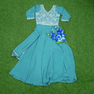 Teal Blue Color Embroidered Georgette Designer Long Frock