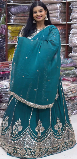 3 6000 Peacock Blue Color Embroidered Designer Bridal Lehenga