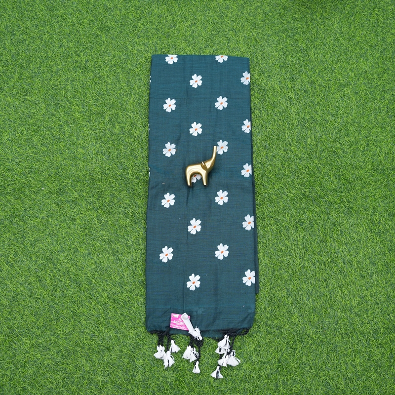 Sea Green Color Floral Thread Embroidered Cotton Saree