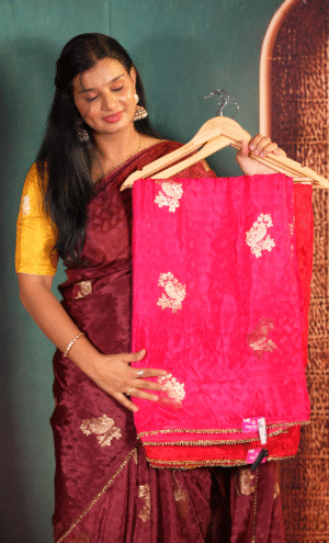 Rani Pink Color With Gold Zari Floral Butta Banarasi Fancy Saree
