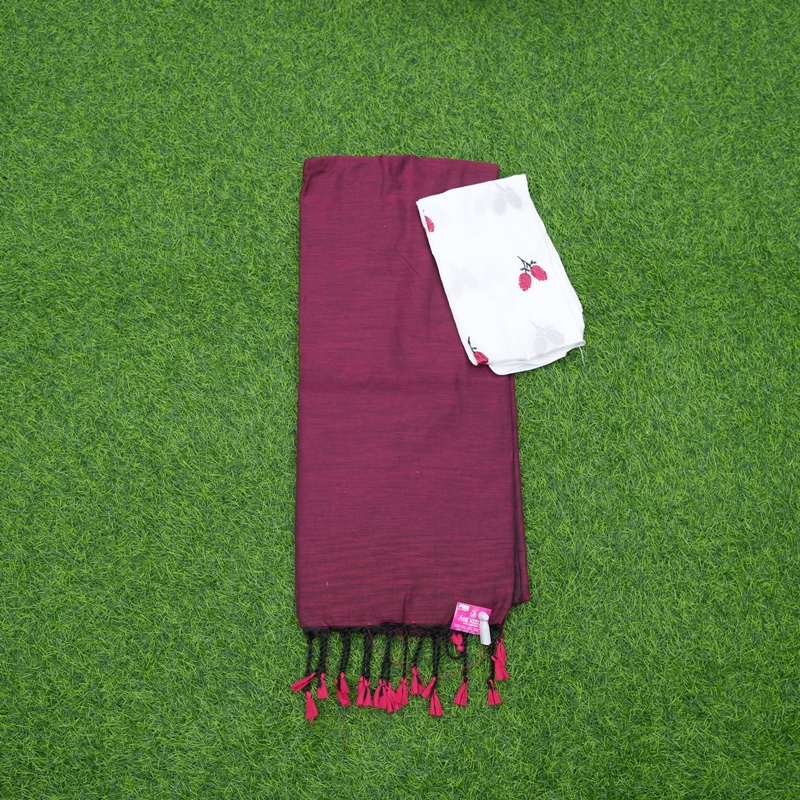 Wine and White Color Daily Wear Saree