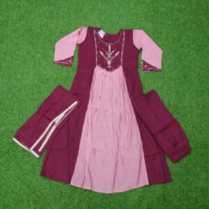 5 1280 Wine and Baby Pink Color Floral Embroidered Anarkali 3-Piece Designer Dress