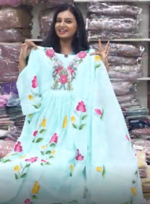 Light Blue Floral Thread Embroidered Cotton 3-Pc Set