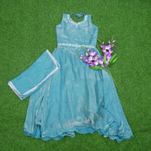 Teal Blue Color Embroidered Georgette Designer Long Frock