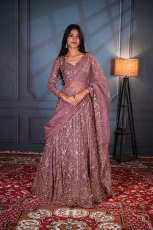 DSC06140 Mauve Embroidered Sequin Bridal Lehenga Set with Floral Detailing