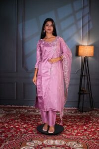 Lavender Mist Metallic Accent Designer Floral Embroidered Party Wear Kurti Set