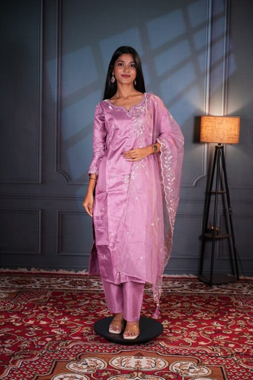 Lavender Mist Metallic Accent Designer Floral Embroidered Party Wear Kurti Set