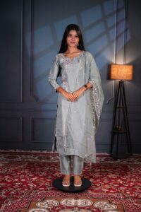 Sage Grey Designer Floral Embroidered Party Wear Kurti Set