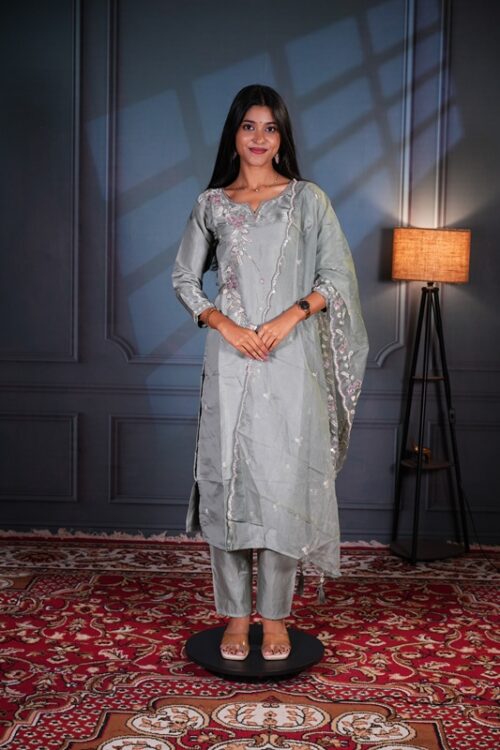 Sage Grey Designer Floral Embroidered Party Wear Kurti Set