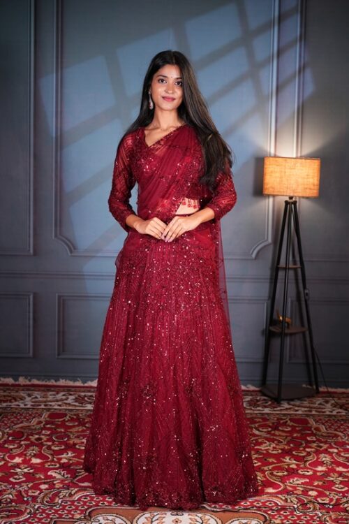 ✨ ROYAL BURGUNDY SEQUIN WORK BRIDAL LEHENGA SET – A DREAM OF TIMELESS ELEGANCE ✨