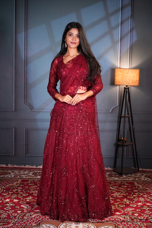 ✨ Royal Burgundy Sequin Work Bridal Lehenga Set ✨
