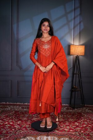 Orange Color Elegant Embroidered 3-Pc Anarkali Designer Dress
