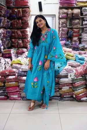 Cyan Blue Floral Thread Embroidered Cotton 3-Pc Set