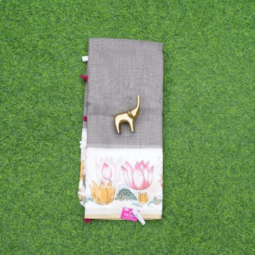 Grey and Cream Color Pichwai Print Cotton Saree