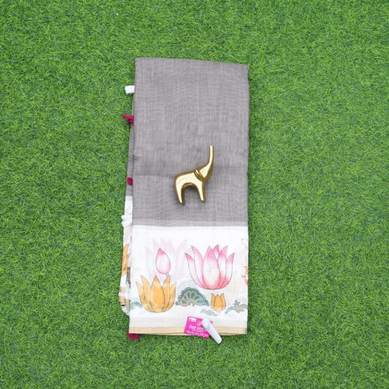 Grey and Cream Color Pichwai Print Cotton Saree