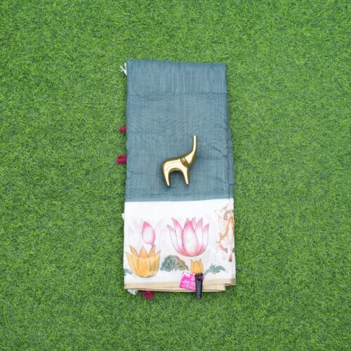 Sea Green and Cream Color Pichwai Print Cotton Saree