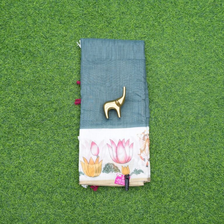 Sea Green and Cream Color Pichwai Print Cotton Saree