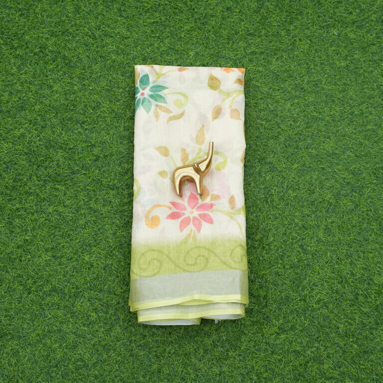 Cream and Green Color Cotton Saree
