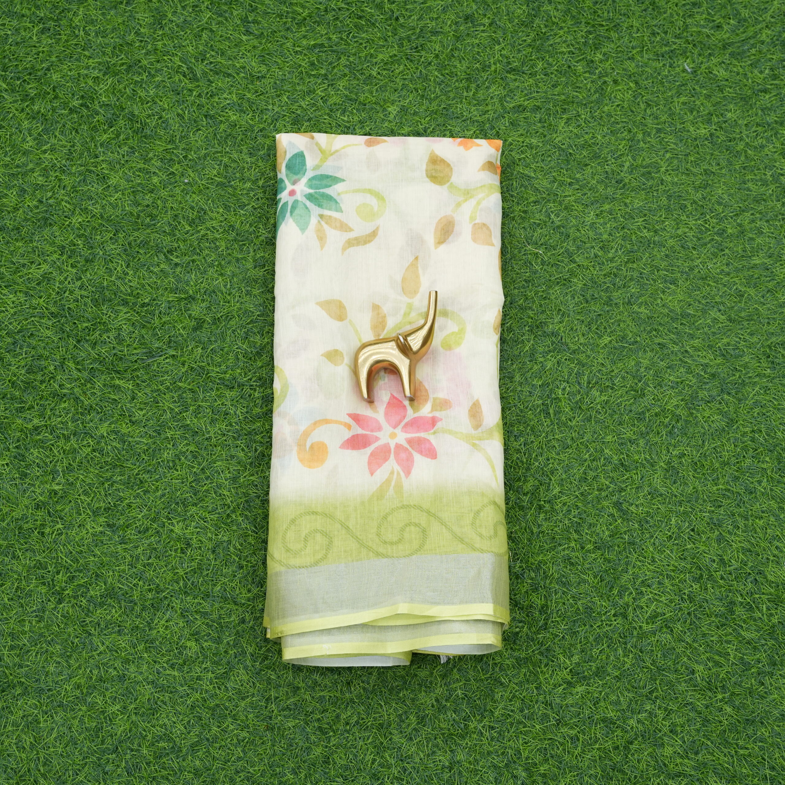 Cream and Green Color Cotton Saree