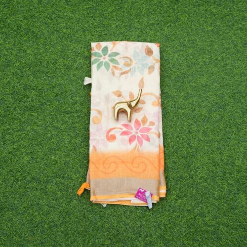 Cream and Orange Color Cotton Saree