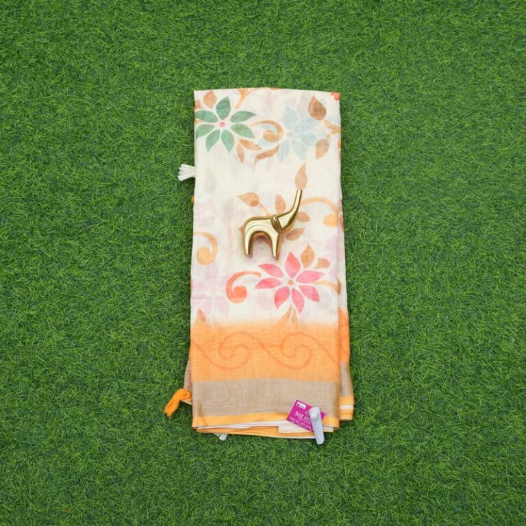Cream and Orange Color Cotton Saree