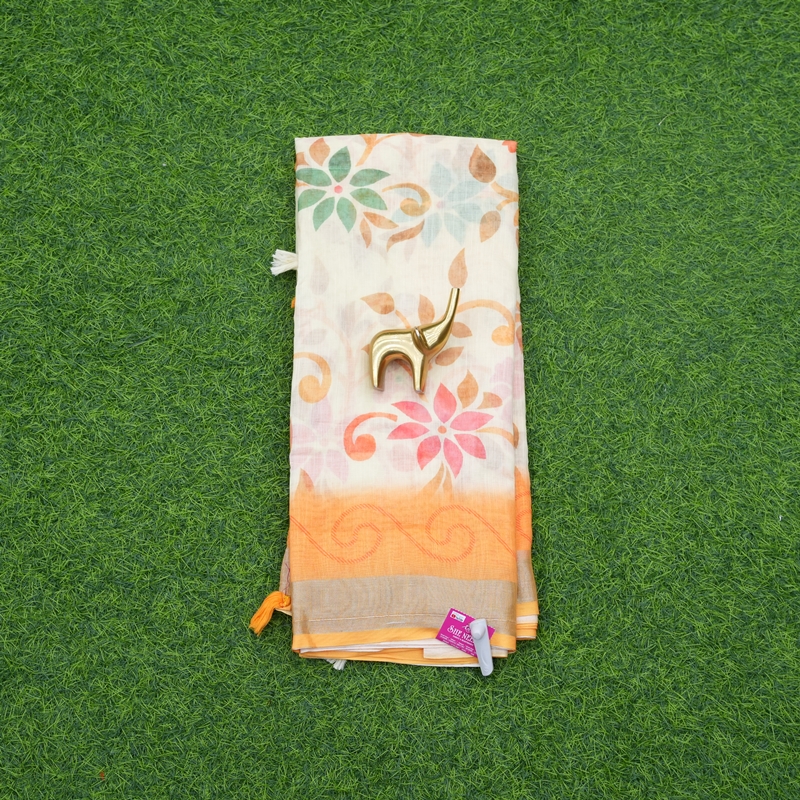 Cream and Orange Color Cotton Saree