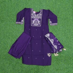 Purple Color Floral Thread Embroidered 3-Piece Designer Dress