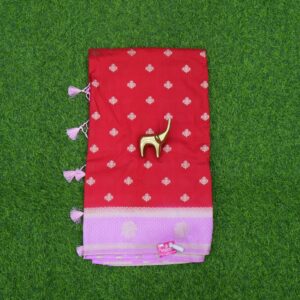 Red and Baby Pink Color Silver Zari Motifs Chanderi Banarasi Fancy Saree