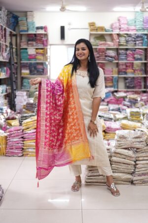 Cream Color Kurta Pant Set with a Multicolored Shaded Bandhani Dupatta