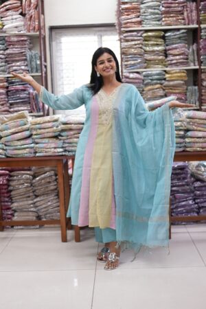Sky Blue Color Mul-Chanderi With Neckline Embroidered 3-Piece Designer Dress