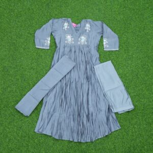 Grey Color Floral Embroidered Motifs Anarkali 3-Piece Designer Dress