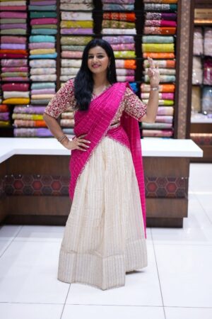 Cream and Rani Pink Color Designer Half Saree