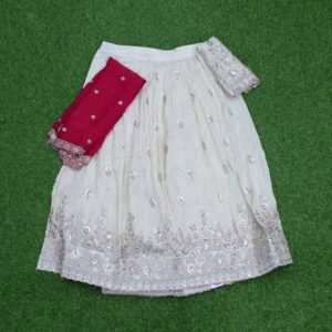 Cream and Rani Pink Color Floral Thread Embroidered Half Saree