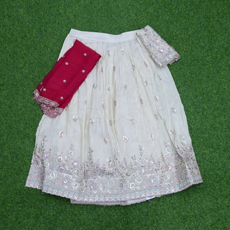 Cream and Rani Pink Color Floral Thread Embroidered Half Saree
